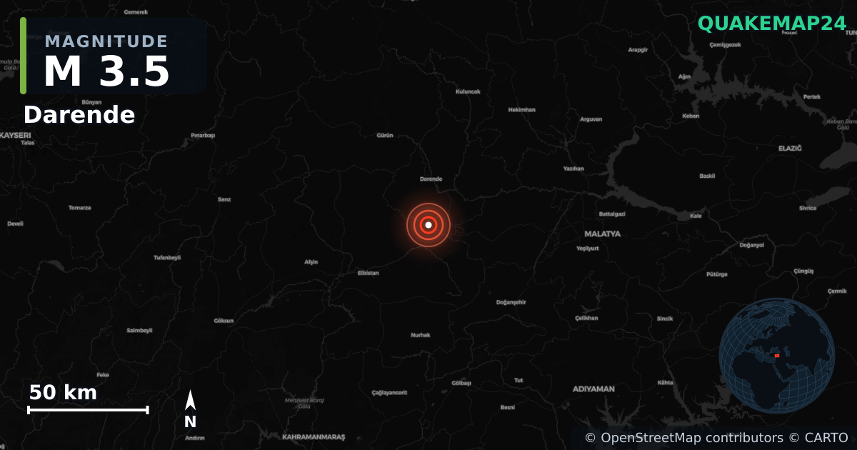 M3.5 earthquake near Darende on Sep 24, 2025 — map of epicenter and shaking intensity | QuakeMap24