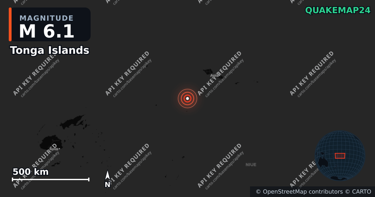 M6.1 earthquake near Tonga Islands on Apr 19, 2026 — map of epicenter and shaking intensity | QuakeMap24