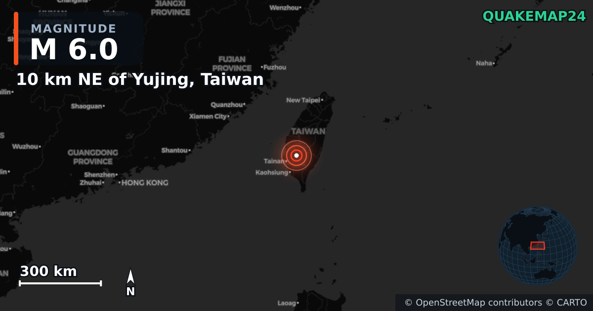 M6.0 earthquake near 10 km NE of Yujing, Taiwan on Jan 20, 2025 — map of epicenter and shaking intensity | QuakeMap24