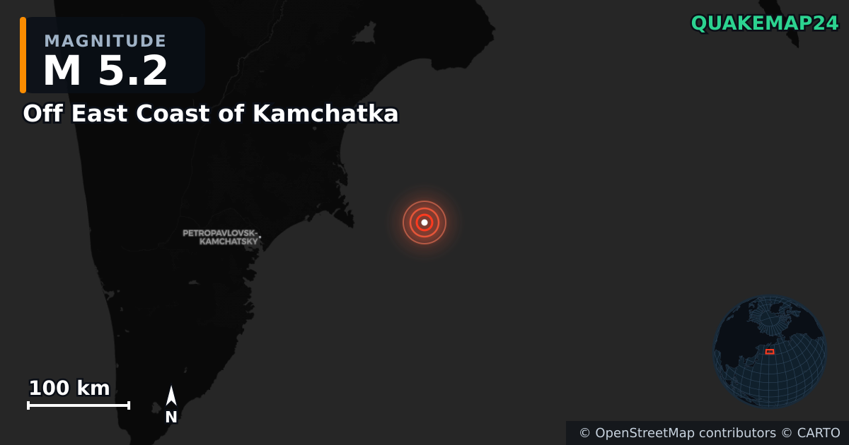 M5.2 earthquake near Off East Coast of Kamchatka on Sep 20, 2025 — map of epicenter and shaking intensity | QuakeMap24
