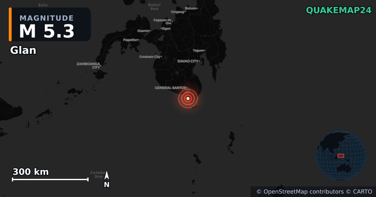 M5.3 earthquake near Glan on Jun 18, 2026 — map of epicenter and shaking intensity | QuakeMap24