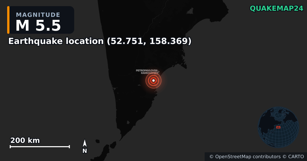 M5.5 earthquake near Deprem konumu (52.751, 158.369) on Sep 25, 2025 — map of epicenter and shaking intensity | QuakeMap24