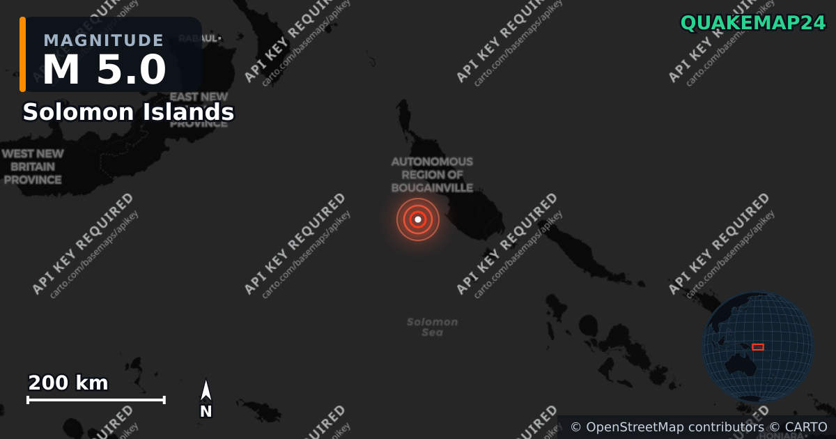 M5.0 earthquake near Solomon Islands on Oct 28, 2025 — map of epicenter and shaking intensity | QuakeMap24