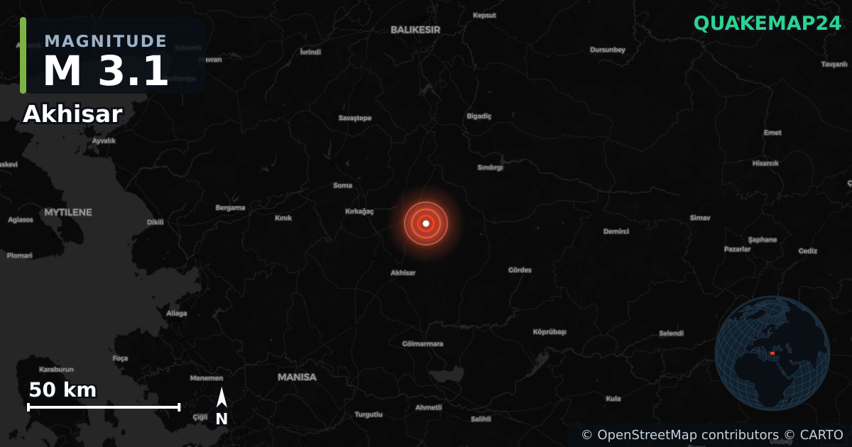 M3.1 earthquake near Akhisar on Nov 10, 2025 — map of epicenter and shaking intensity | QuakeMap24