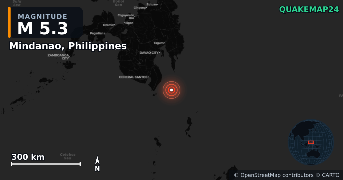 Mindanao, Philippines yakınında M5,3 deprem — Deprem merkez üssünün konumunu gösteren harita