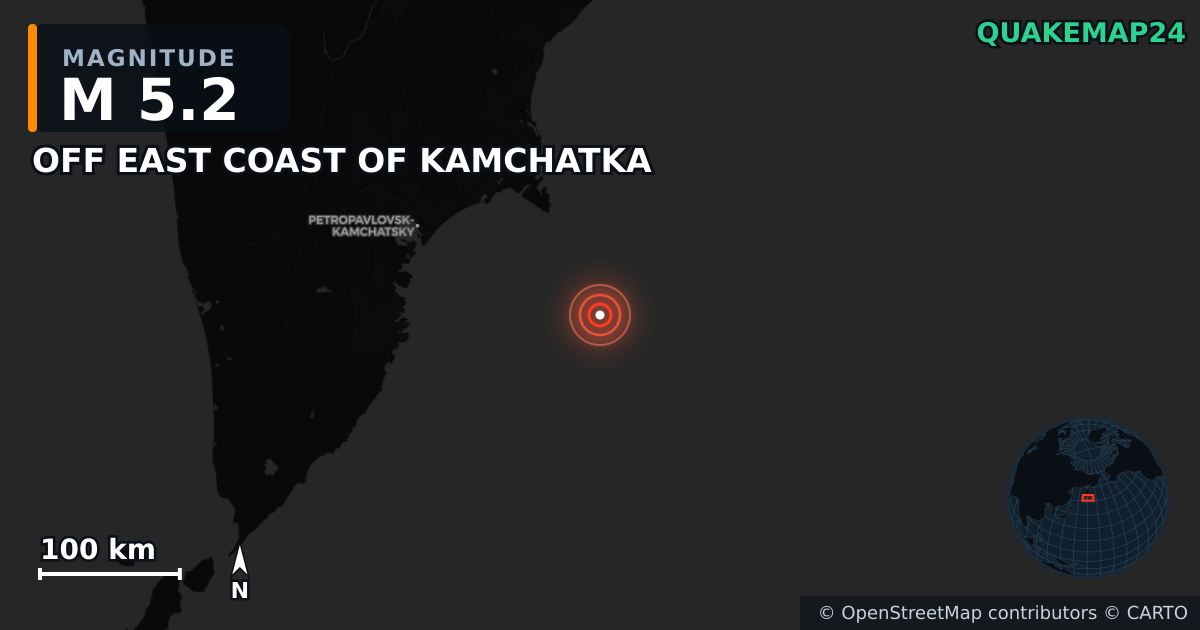 M5.2 earthquake near OFF EAST COAST OF KAMCHATKA on Aug 3, 2025 — map of epicenter and shaking intensity | QuakeMap24