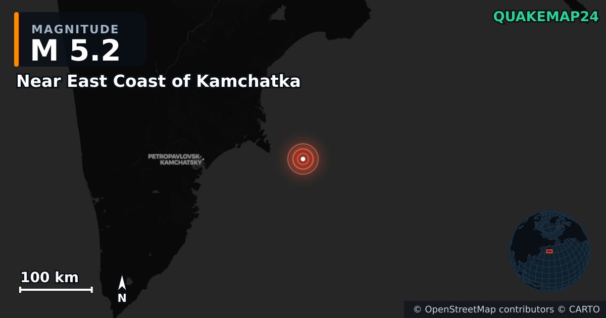 M5.2 earthquake near Near East Coast of Kamchatka on Sep 18, 2025 — map of epicenter and shaking intensity | QuakeMap24