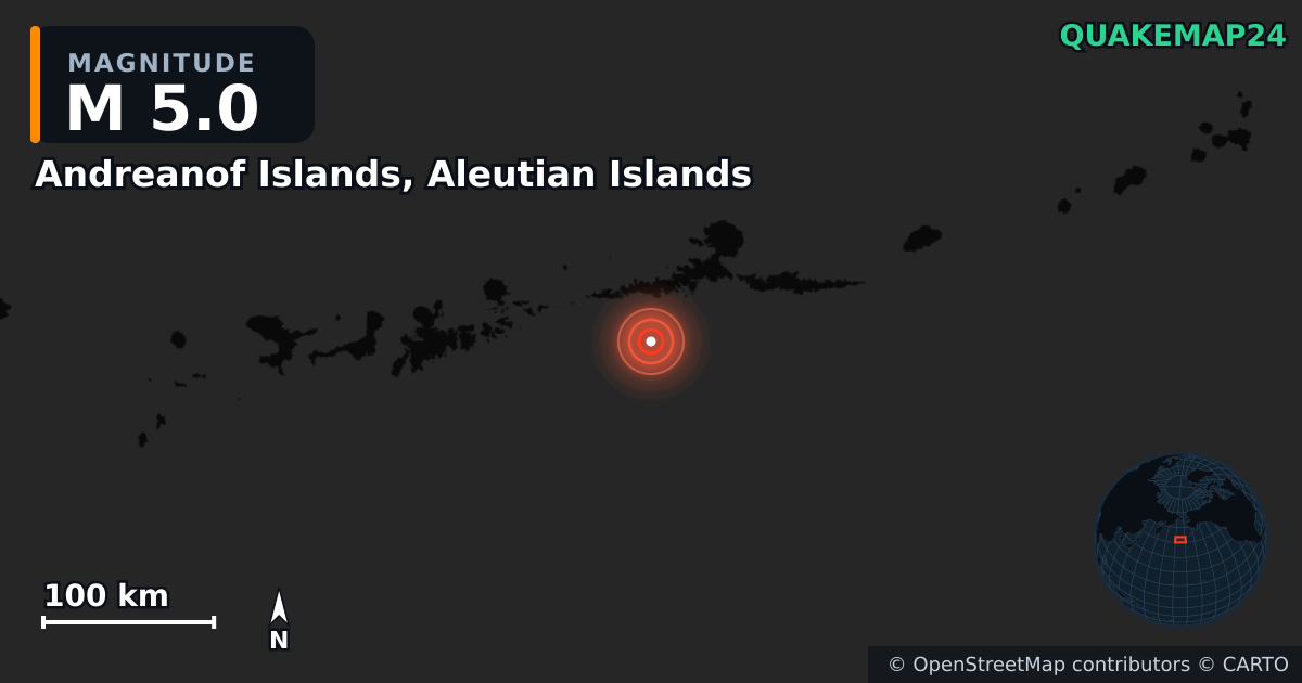 M5.0 earthquake near Andreanof Islands, Aleutian Islands on Feb 27, 2026 — map of epicenter and shaking intensity | QuakeMap24
