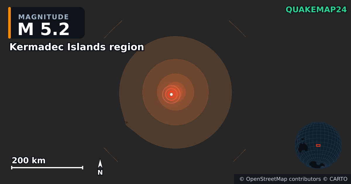 M5.2 earthquake near Kermadec Islands region on Jul 29, 2026 — map of epicenter and shaking intensity | QuakeMap24