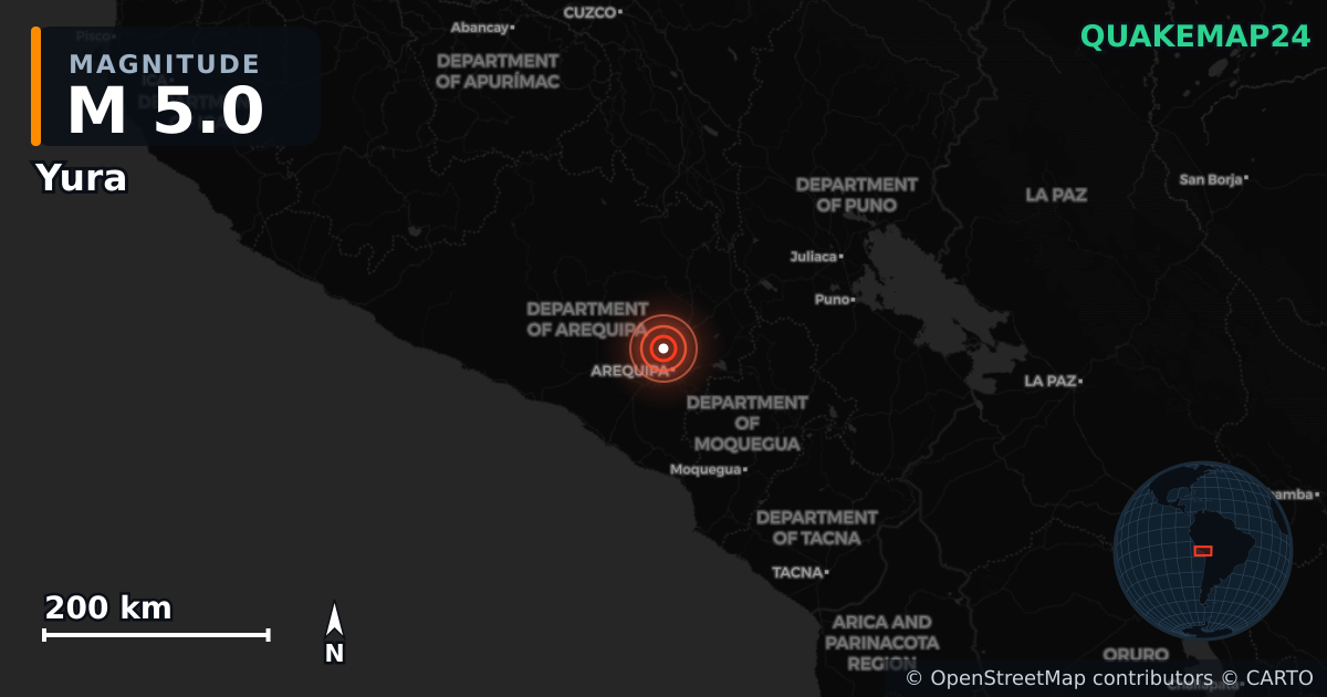 M5.0 earthquake near Yura on Feb 15, 2026 — map of epicenter and shaking intensity | QuakeMap24