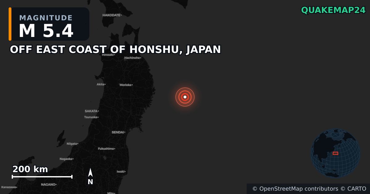 M5.4 earthquake near OFF EAST COAST OF HONSHU, JAPAN on Mar 8, 2026 — map of epicenter and shaking intensity | QuakeMap24