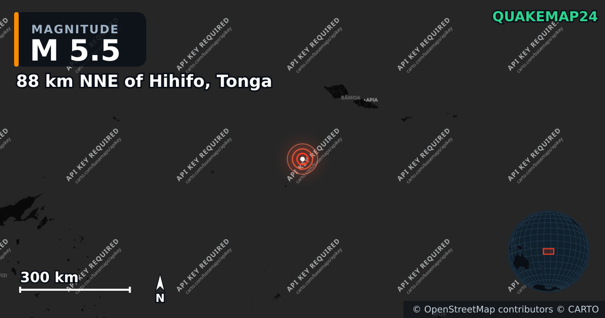 M5.5 earthquake near 88 km NNE of Hihifo, Tonga on Aug 18, 2025 — map of epicenter and shaking intensity | QuakeMap24