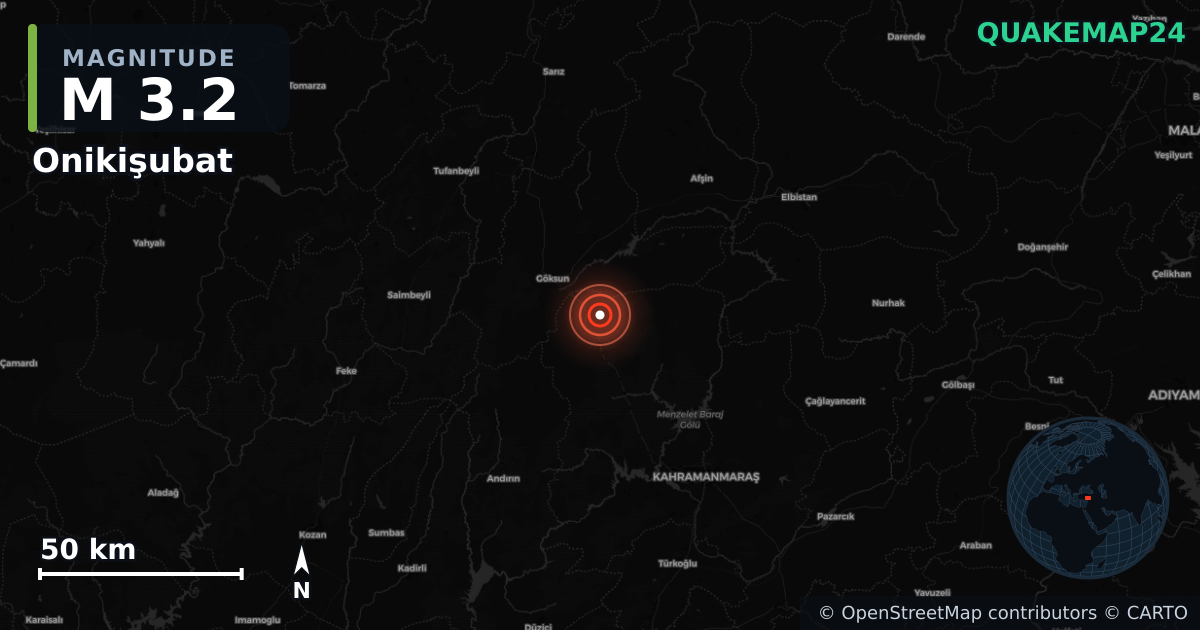 M3.2 earthquake near Onikişubat on Sep 9, 2025 — map of epicenter and shaking intensity | QuakeMap24