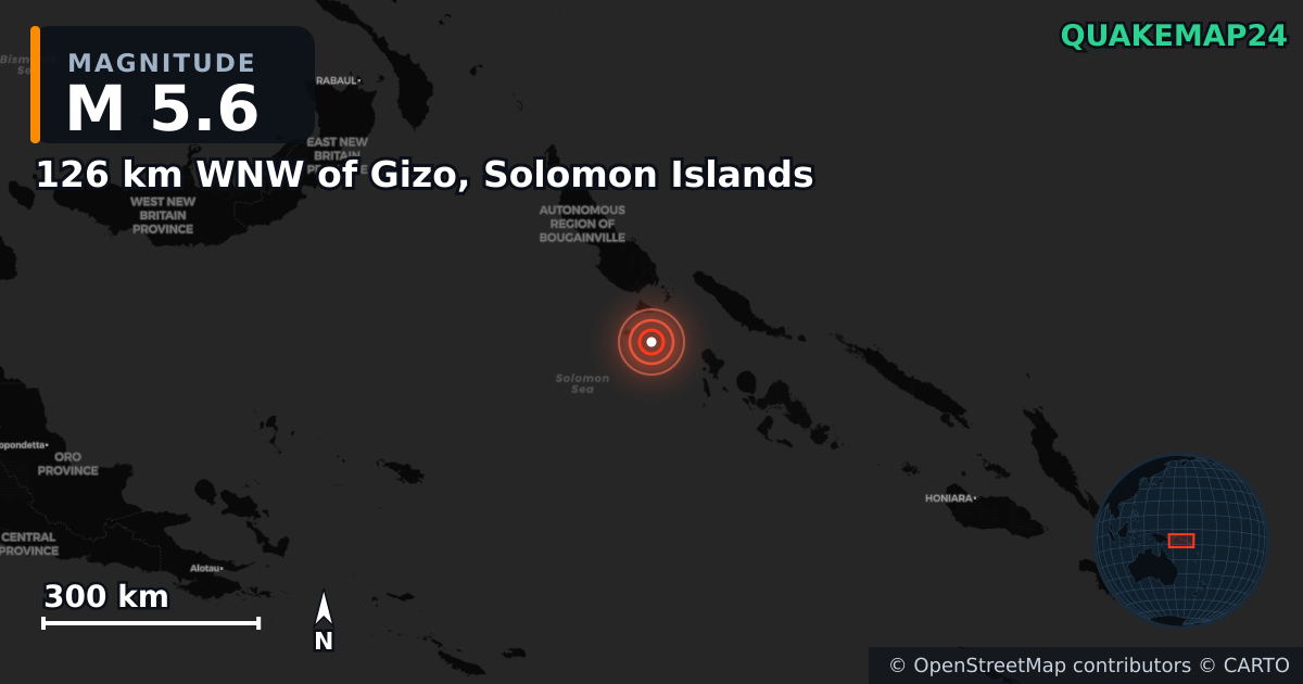M5.6 earthquake near 126 km WNW of Gizo, Solomon Islands on Feb 23, 2025 — map of epicenter and shaking intensity | QuakeMap24