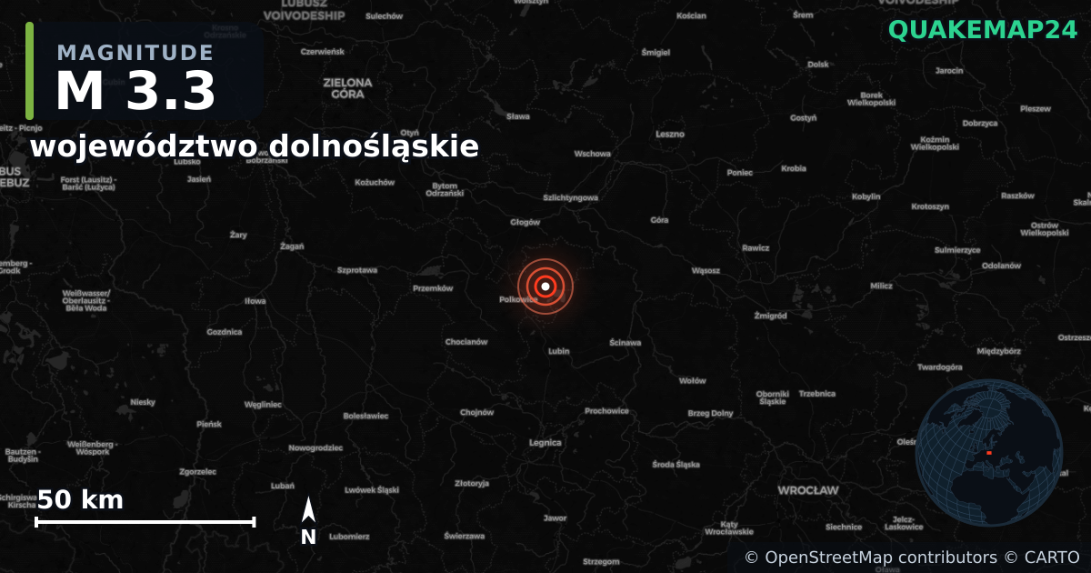 M3.3 earthquake near województwo dolnośląskie on Jul 14, 2025 — map of epicenter and shaking intensity | QuakeMap24