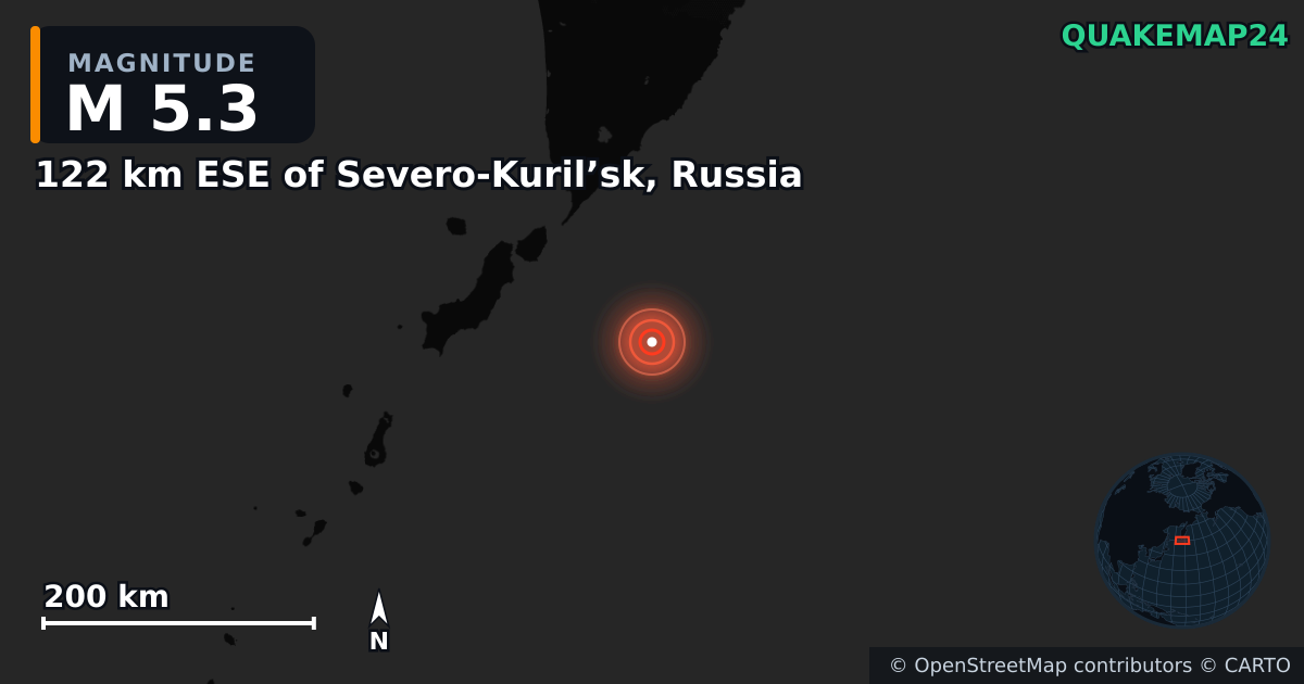 M5.3 earthquake near 122 km ESE of Severo-Kuril’sk, Russia on Aug 6, 2025 — map of epicenter and shaking intensity | QuakeMap24