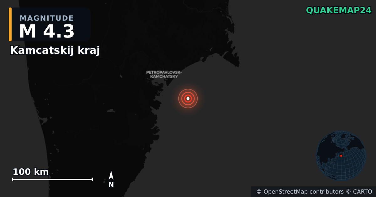 M4.3 earthquake near Kamcatskij kraj on Sep 2, 2025 — map of epicenter and shaking intensity | QuakeMap24