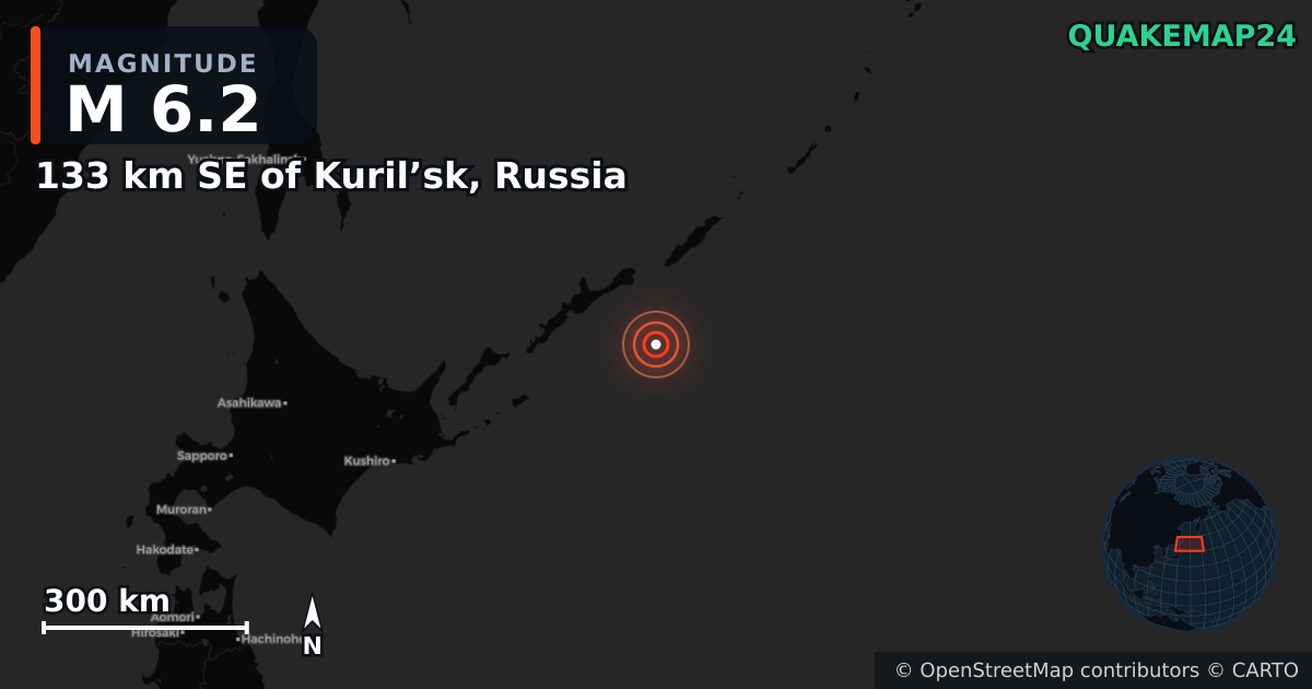 M6.2 earthquake near 133 km SE of Kuril’sk, Russia on Jan 13, 2026 — map of epicenter and shaking intensity | QuakeMap24
