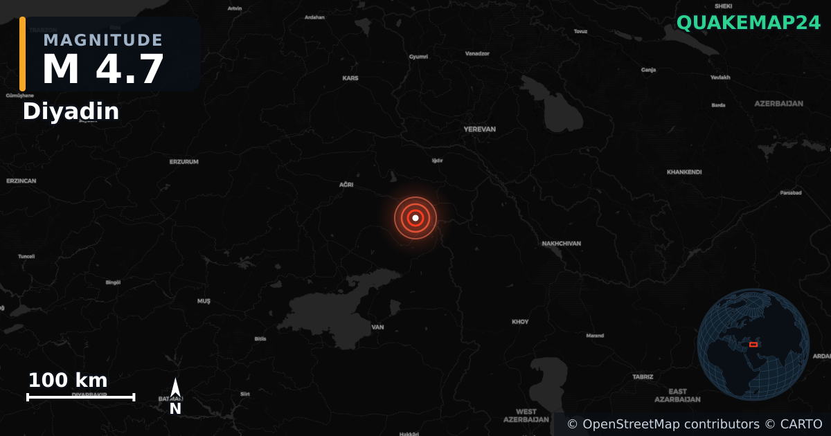 M4.7 earthquake near Diyadin on Apr 4, 2026 — map of epicenter and shaking intensity | QuakeMap24