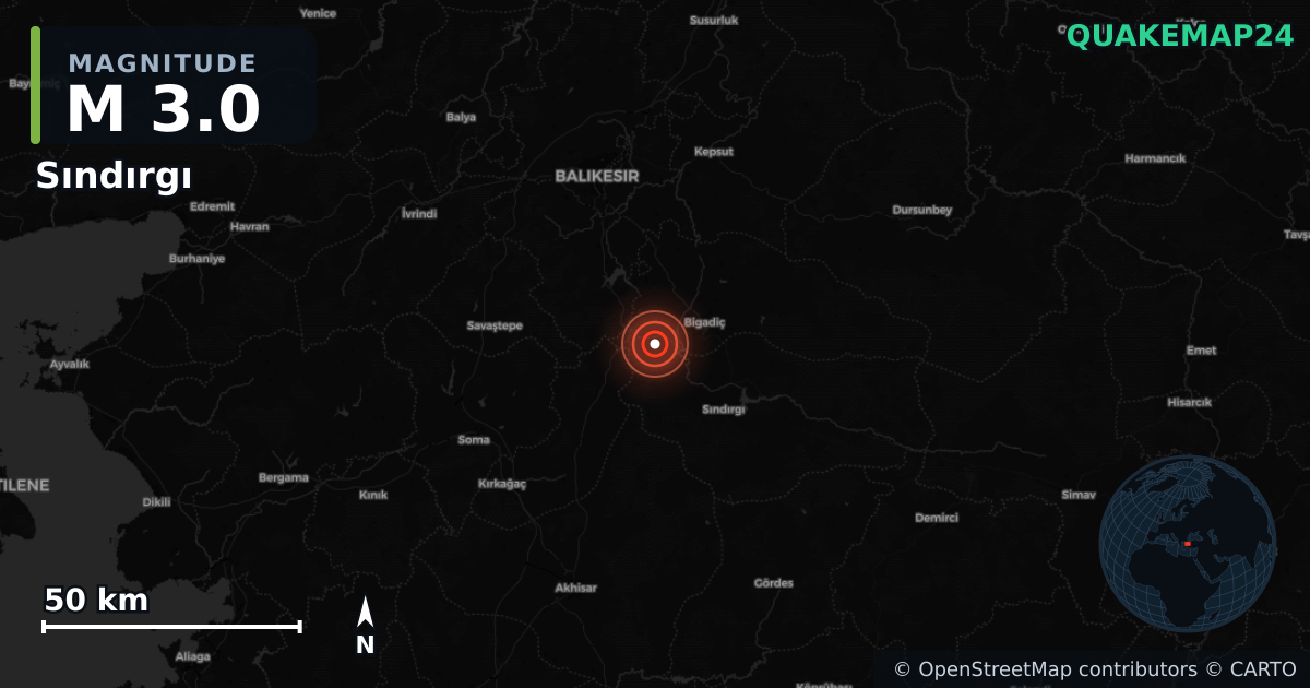 M3.0 earthquake near Sındırgı on Jan 11, 2026 — map of epicenter and shaking intensity | QuakeMap24