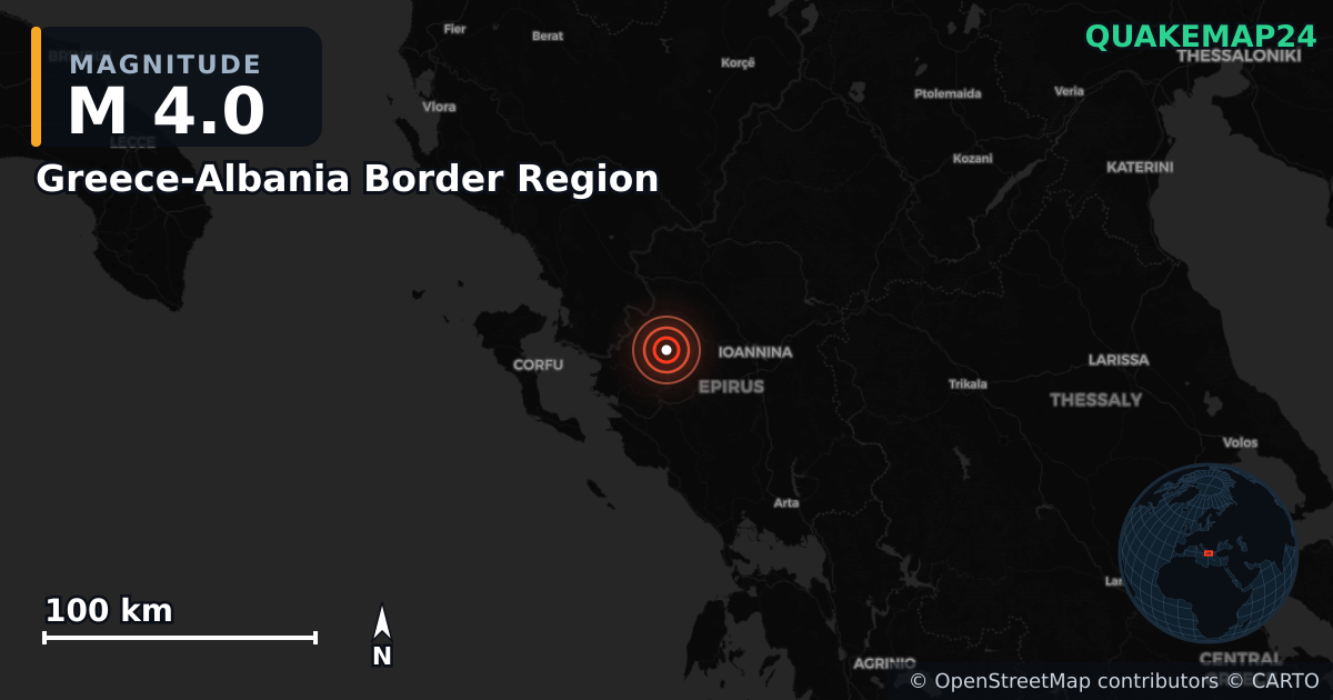 M4.0 earthquake near Greece-Albania Border Region on Apr 5, 2026 — map of epicenter and shaking intensity | QuakeMap24