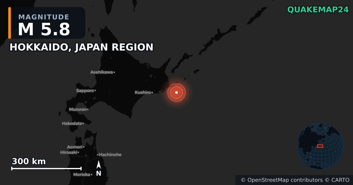 M5.8 earthquake near HOKKAIDO, JAPAN REGION on Oct 24, 2025 — map of epicenter and shaking intensity | QuakeMap24