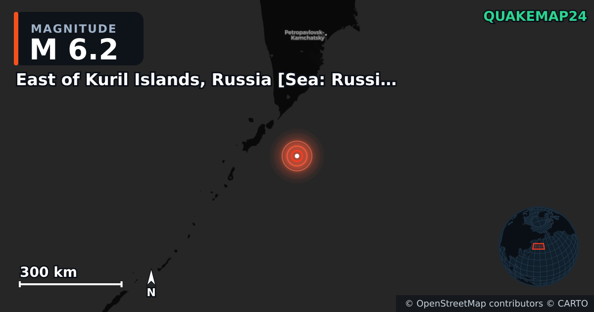 M6.2 earthquake near East of Kuril Islands, Russia [Sea: Russia] on Jun 7, 2026 — map of epicenter and shaking intensity | QuakeMap24