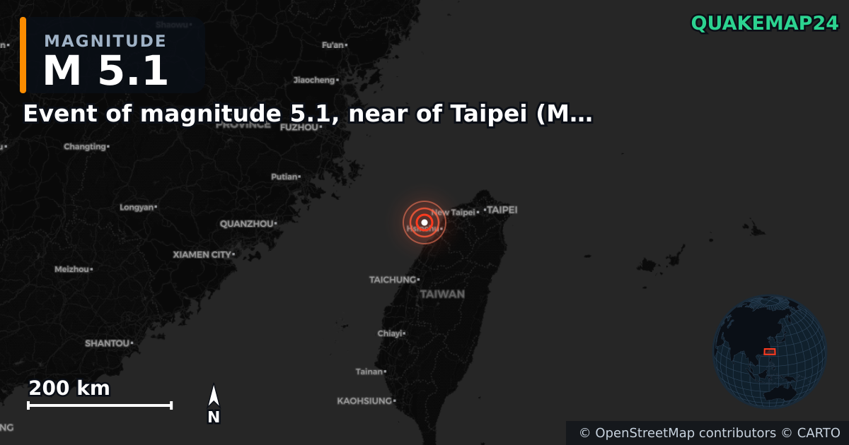 M5.1 earthquake near Event of magnitude 5.1, near of Taipei (Monde) on Sep 8, 2025 — map of epicenter and shaking intensity | QuakeMap24