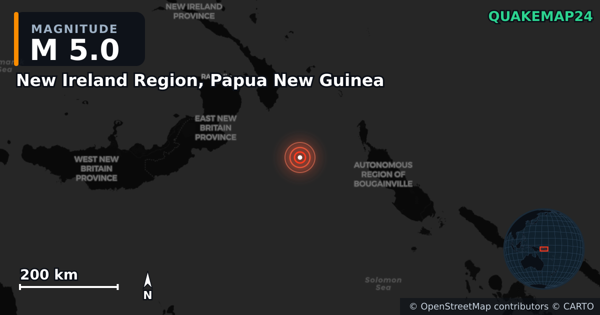 M5.0 earthquake near New Ireland Region, Papua New Guinea on Jan 14, 2026 — map of epicenter and shaking intensity | QuakeMap24