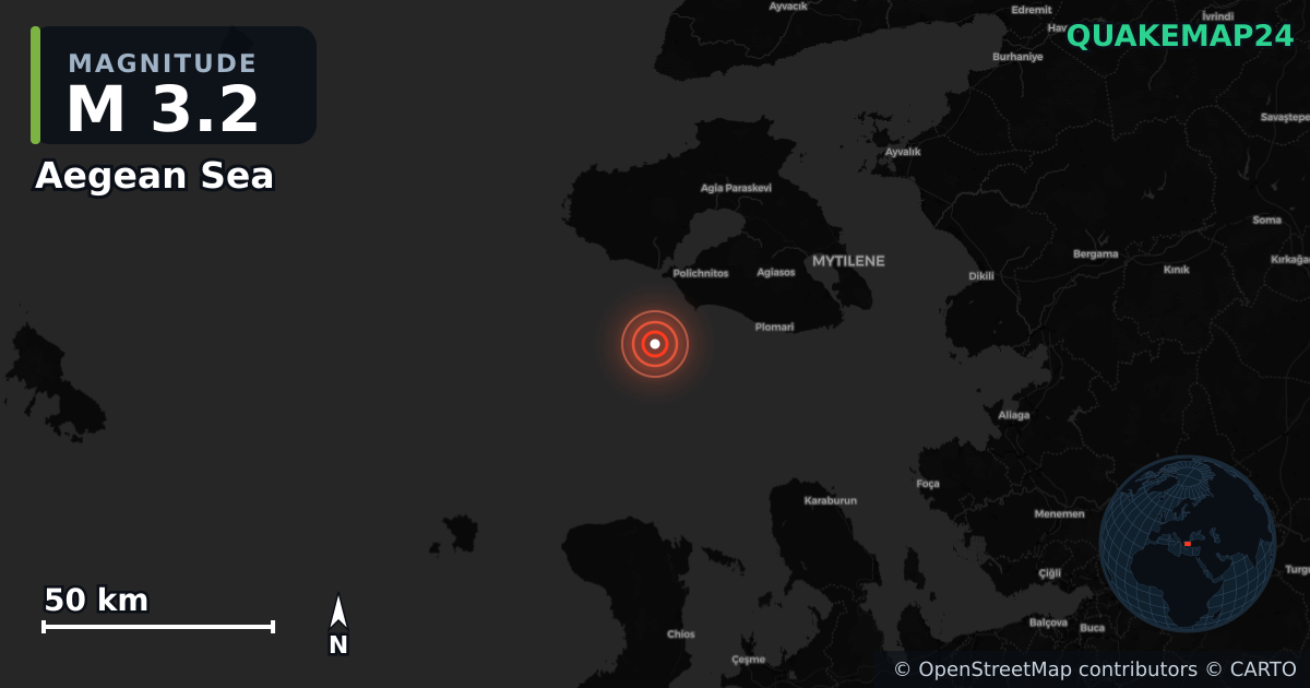M3.2 earthquake near Aegean Sea on Apr 6, 2026 — map of epicenter and shaking intensity | QuakeMap24