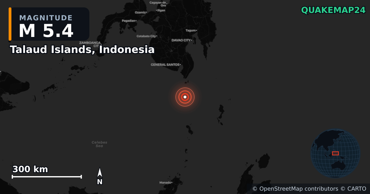M5.4 earthquake near Talaud Islands, Indonesia on Jun 11, 2026 — map of epicenter and shaking intensity | QuakeMap24