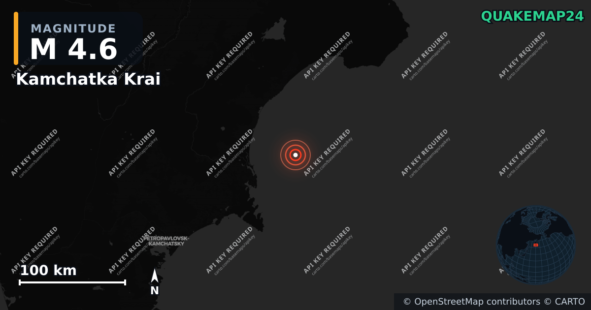 M4.6 earthquake near Kamchatka Krai on Jun 24, 2026 — map of epicenter and shaking intensity | QuakeMap24