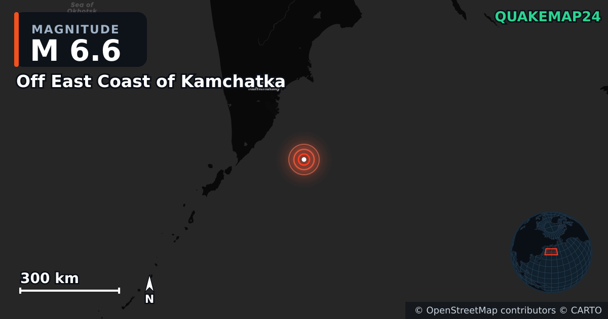 M6.6 earthquake near Off East Coast of Kamchatka on Nov 3, 2025 — map of epicenter and shaking intensity | QuakeMap24