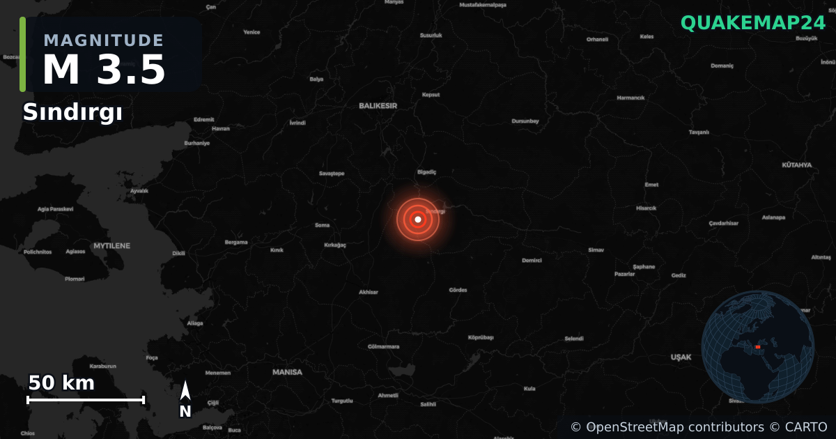 M3.5 earthquake near Sındırgı on Oct 29, 2025 — map of epicenter and shaking intensity | QuakeMap24