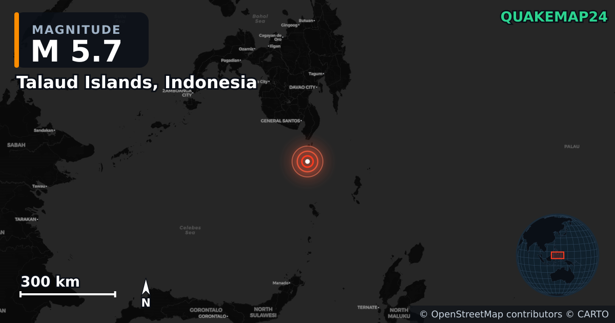 M5.7 earthquake near Talaud Islands, Indonesia on Jun 8, 2026 — map of epicenter and shaking intensity | QuakeMap24