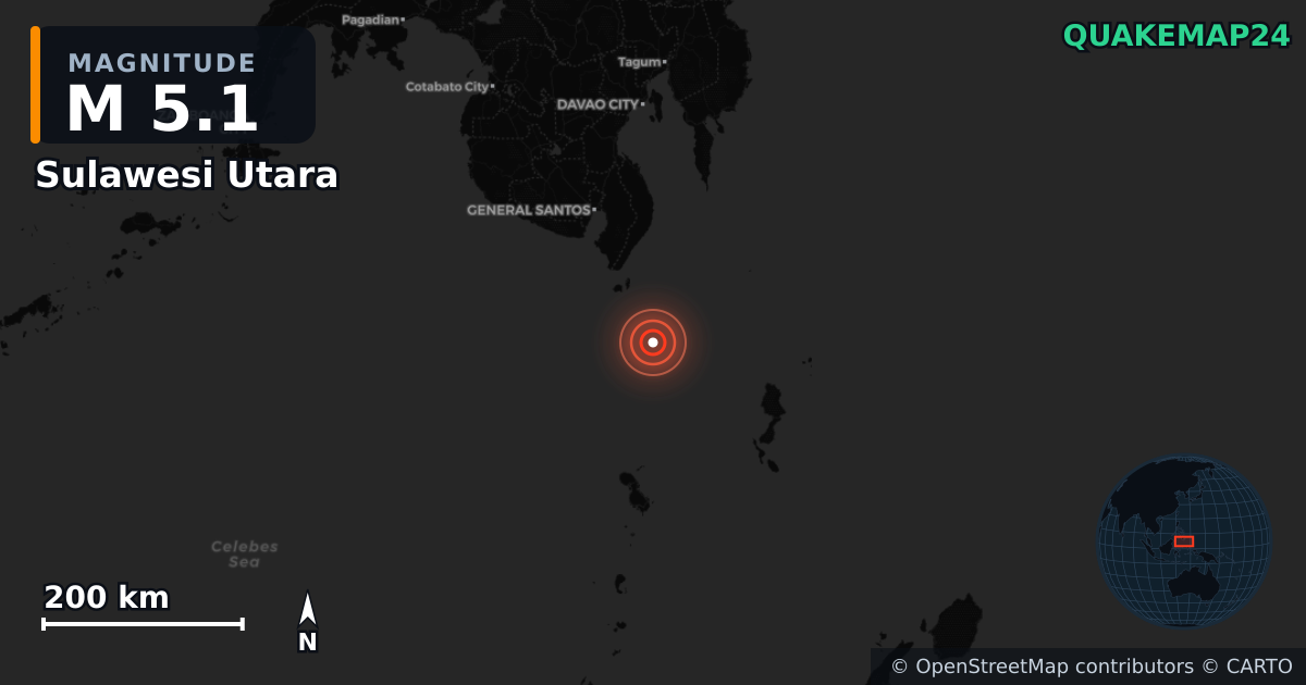 M5.1 earthquake near Sulawesi Utara on Jun 12, 2026 — map of epicenter and shaking intensity | QuakeMap24