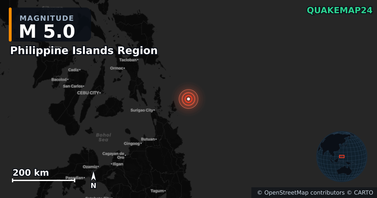 Philippine Islands Region yakınında M5,0 deprem — Deprem merkez üssünün konumunu gösteren harita
