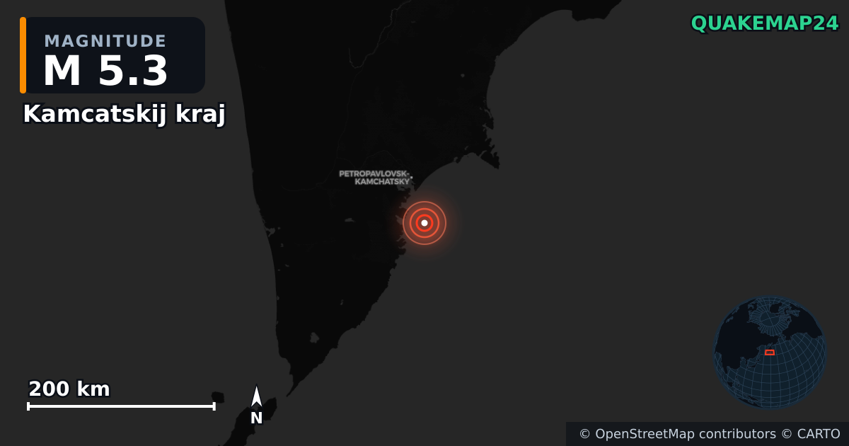 M5.3 earthquake near Kamcatskij kraj on Jul 31, 2025 — map of epicenter and shaking intensity | QuakeMap24