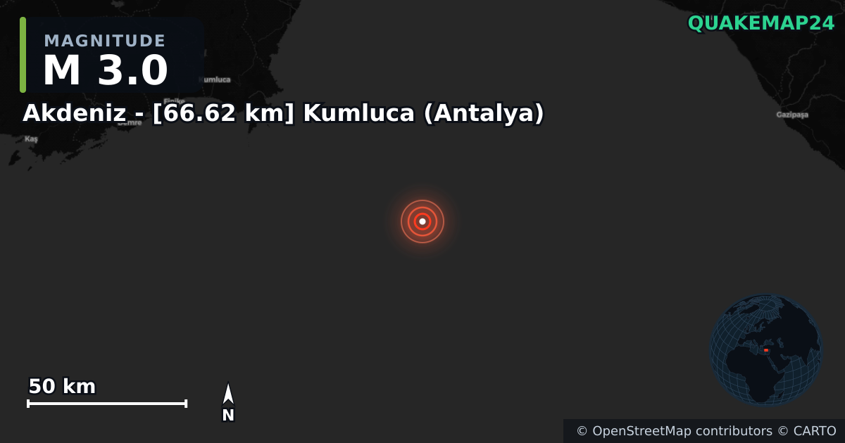 M3.0 earthquake near Akdeniz - [66.62 km] Kumluca (Antalya) on May 9, 2026 — map of epicenter and shaking intensity | QuakeMap24