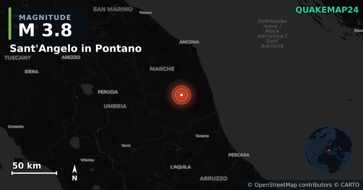 M3.8 earthquake near Sant'Angelo in Pontano on Jan 5, 2026 — map of epicenter and shaking intensity | QuakeMap24