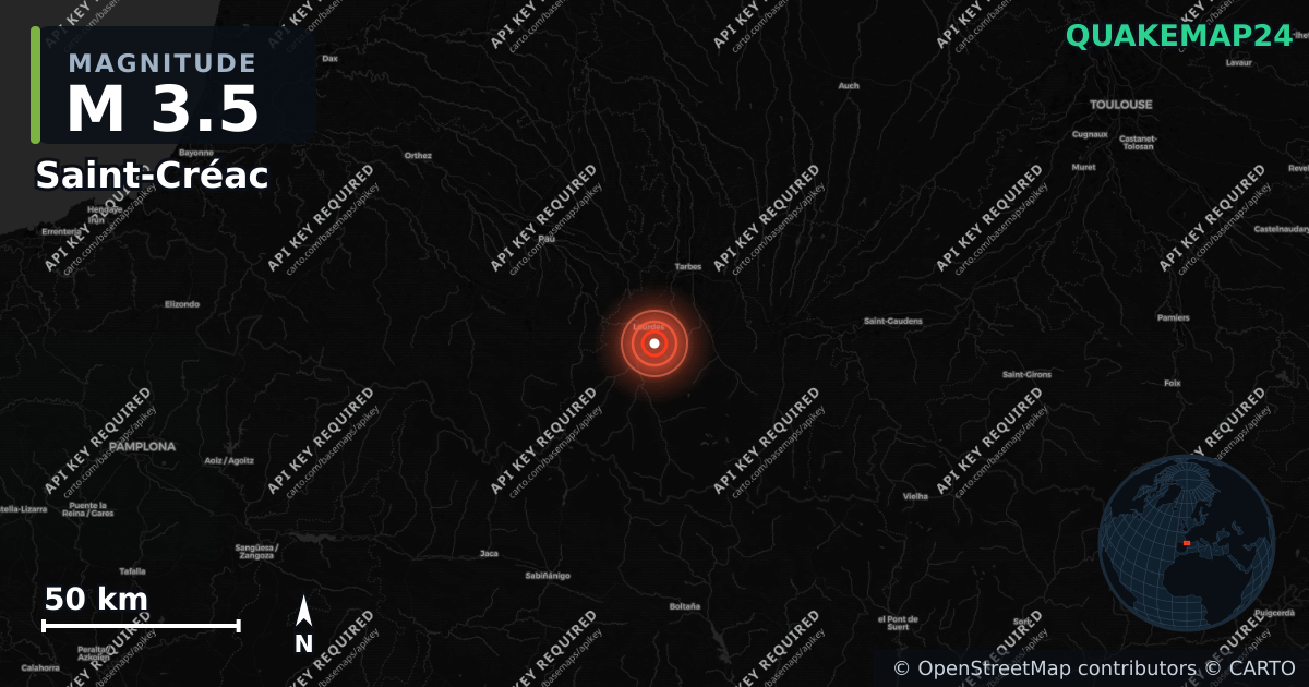 M3.5 earthquake near Saint-Créac on Aug 3, 2026 — map of epicenter and shaking intensity | QuakeMap24