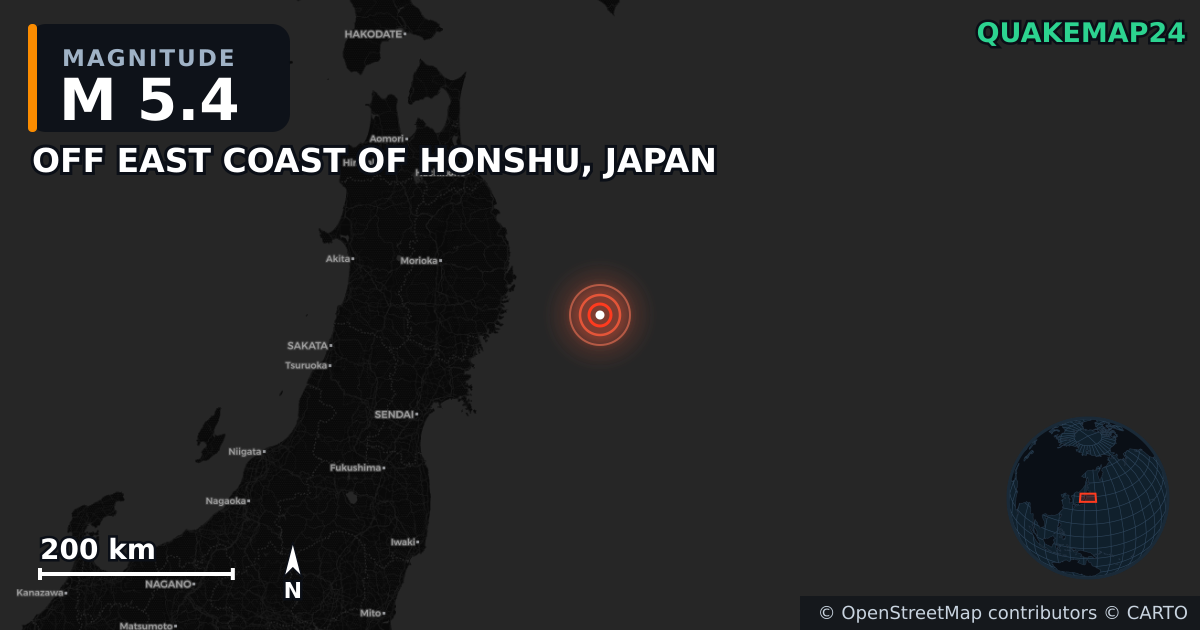 M5.4 earthquake near OFF EAST COAST OF HONSHU, JAPAN on Nov 10, 2025 — map of epicenter and shaking intensity | QuakeMap24