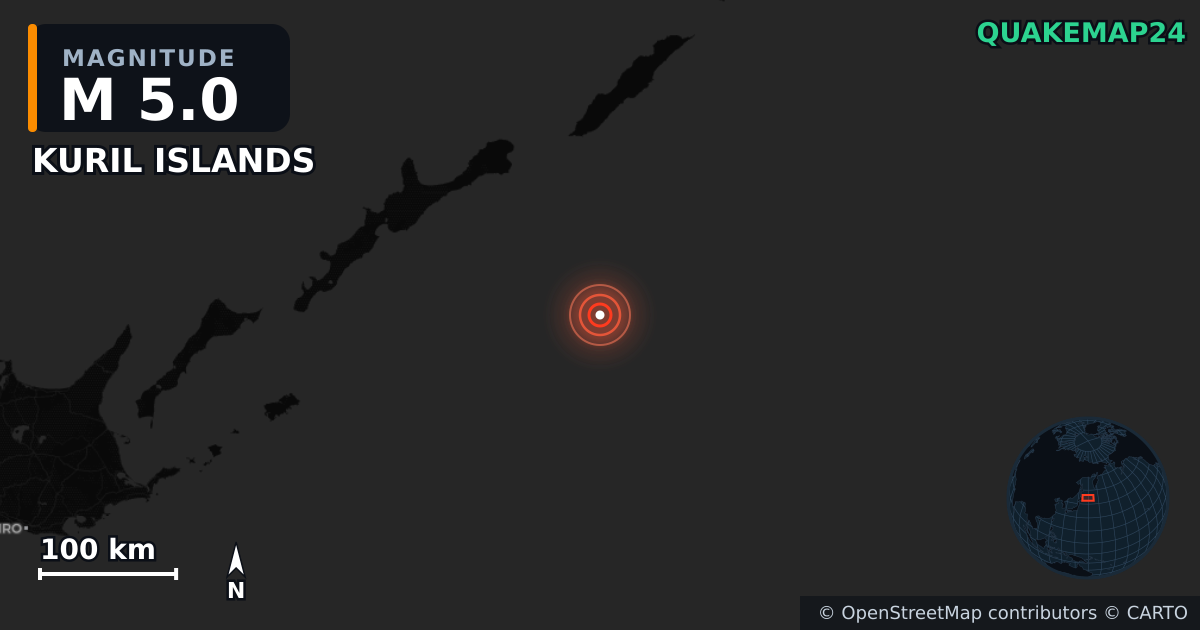 M5.0 earthquake near KURIL ISLANDS on May 29, 2025 — map of epicenter and shaking intensity | QuakeMap24