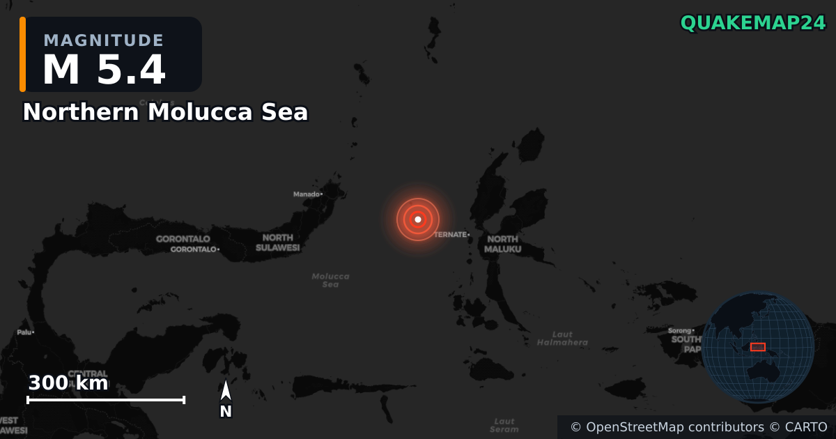 Erdbeben M5,4 bei Northern Molucca Sea — Karte der Lage des Epizentrums