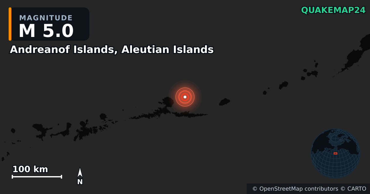 M5.0 earthquake near Andreanof Islands, Aleutian Islands on May 30, 2025 — map of epicenter and shaking intensity | QuakeMap24