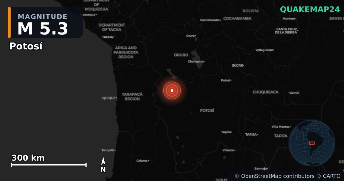 M5.3 earthquake near Potosí on Dec 20, 2025 — map of epicenter and shaking intensity | QuakeMap24
