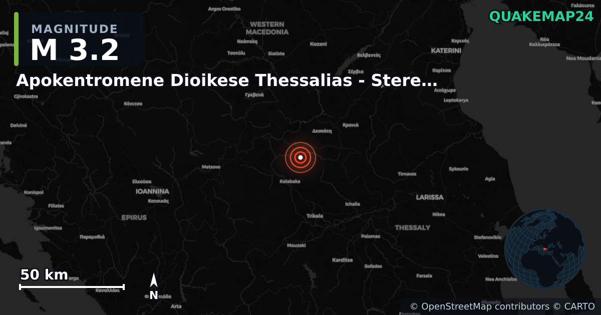 M3.2 earthquake near Apokentromene Dioikese Thessalias - Stereas Ellados on May 21, 2025 — map of epicenter and shaking intensity | QuakeMap24