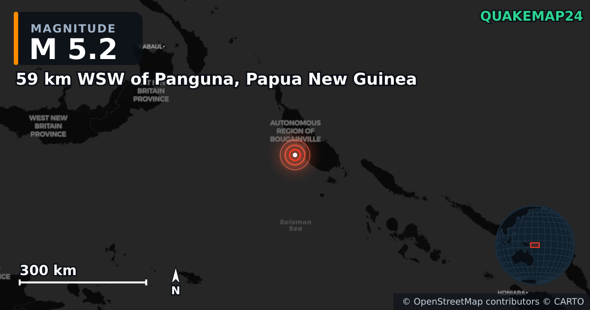 M5.2 earthquake near 59 km WSW of Panguna, Papua New Guinea on Apr 15, 2025 — map of epicenter and shaking intensity | QuakeMap24