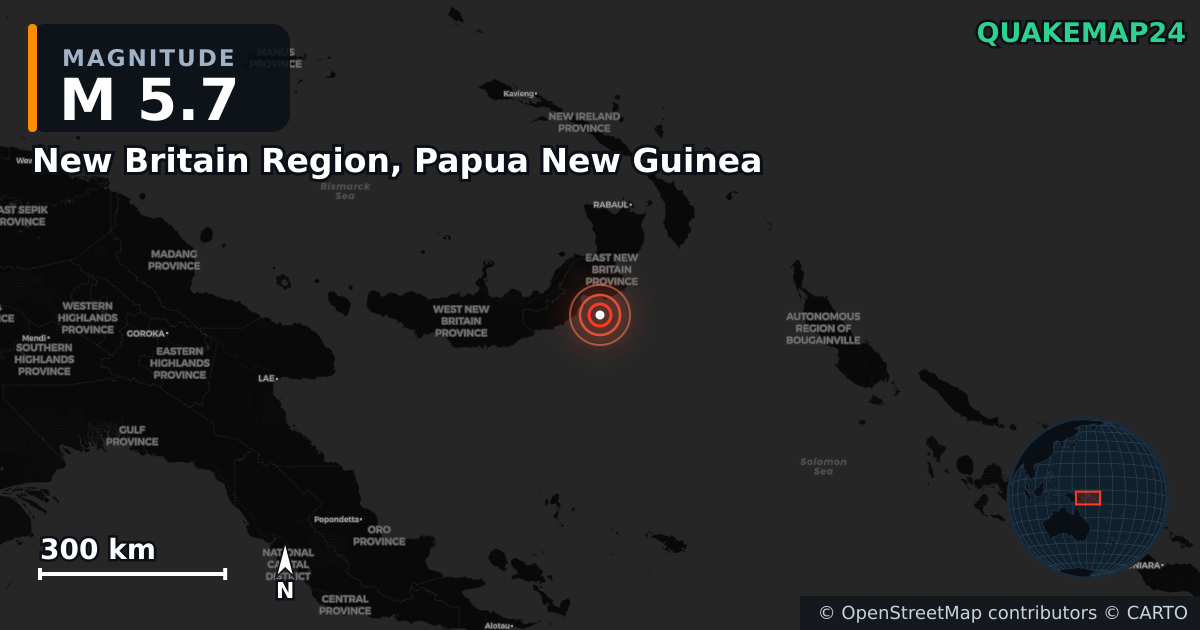 M5.7 earthquake near New Britain Region, Papua New Guinea on Dec 21, 2025 — map of epicenter and shaking intensity | QuakeMap24