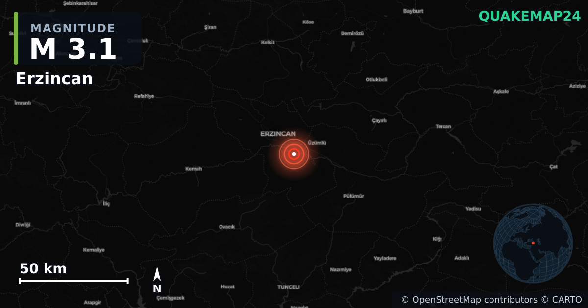 M3.1 earthquake near Erzincan on Jul 17, 2026 — map of epicenter and shaking intensity | QuakeMap24